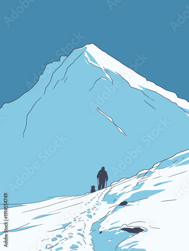 A person and a dog walk along a snowy trail leading to a large mountain. The sky is clear and blue, and snow covers the ground.