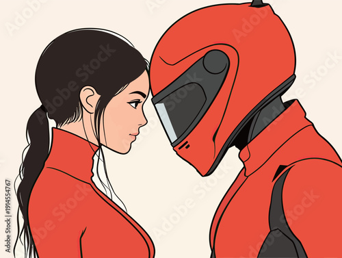 A couple wears red attire and helmets, looking at each other closely. They stand side by side at an event filled with creativity.