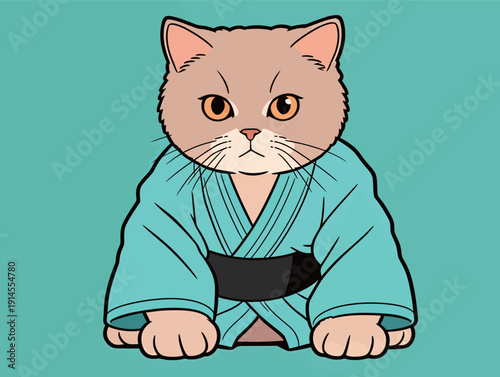 A cat in a blue kimono poses with a serious expression on a plain turquoise background. It looks ready for action.