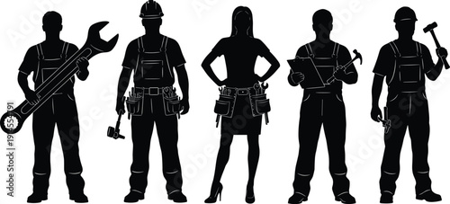 Vector, black, silhouette, illustration, set, of, various, professional, construction, workers, with, tools, for, industrial, labor, maintenance, repair, trade, career, and, job, design