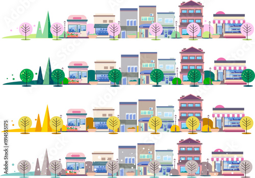 Four Seasons Cityscape Banner Set: Vector Illustration of Buildings and Trees in Spring, Summer, Autumn, and Winte