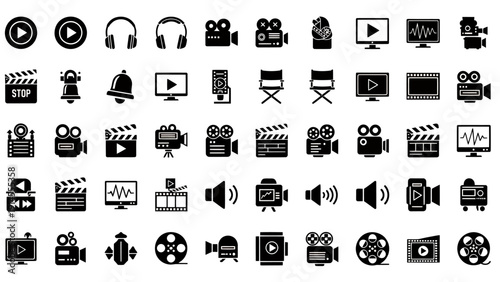 Diverse collection of monochrome media and camera icons for graphic design projects.