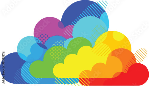 Colorful vector illustration of a summer sky featuring abstract clouds and a vibrant rainbow at sunrise for a nature-inspired background design