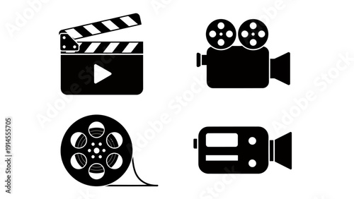 Assorted Black and White Film Icon Set Representing Cinema Equipment and Production Elements.