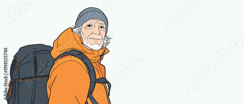 A man with white hair wears an orange jacket and a gray hat while hiking in the mountains with a backpack.