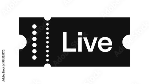 A black and white vector graphic of a live event ticket with a perforated edge