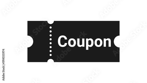 A black and white vector graphic illustration of a coupon ticket with a dotted line