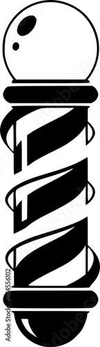 Classic black and white barber pole icon with swirling stripes and top sphere, simple graphic symbol for hair salon service, flat vector art, logo design, isolated on white background