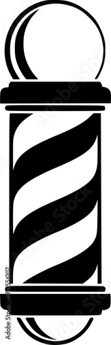 Classic black and white barber pole icon with swirling stripes and top sphere, simple graphic symbol for hair salon service, flat vector art, logo design, isolated on white background