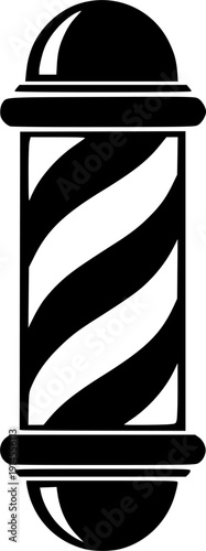 Classic black and white barber pole icon with swirling stripes and top sphere, simple graphic symbol for hair salon service, flat vector art, logo design, isolated on white background