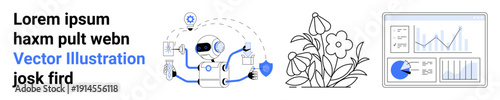 Robot with tools representing technology, flowers symbolizing nature, and data graphs showcasing analytics. Ideal for innovation, AI, eco-sustainability, growth, tech, education simple landing page