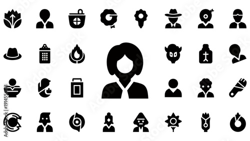 Collection of black vector icons surrounding a central figure with various symbols and objects in a single color.