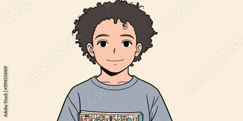A boy stands holding a comic book with a smile. He has curly hair and is in a simple background. The mood is joyful and light.