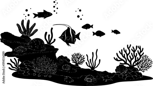 Black silhouette of marine life with coral reef and ocean creatures on , flat design isolated on white background
