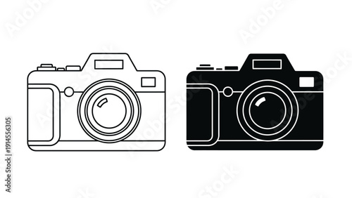 Minimalist two-camera icon set featuring outline and solid filled silhouettes.