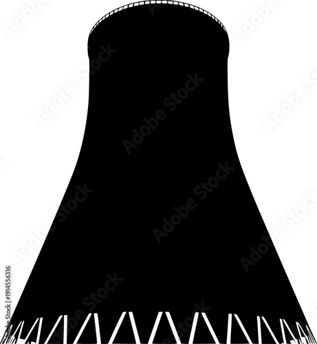 Black silhouette of an industrial cooling tower or nuclear power plant chimney symbol, minimalist graphic design element isolated on white background
