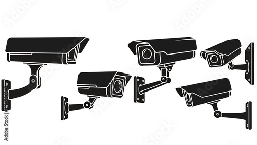 Array of security cameras monitoring an outdoor area from multiple angles.