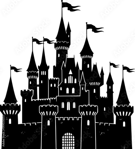 Black silhouette of a medieval castle with towers and flags on a isolated on white background
