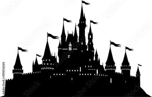Black silhouette of a medieval castle with towers and flags on a isolated on white background
