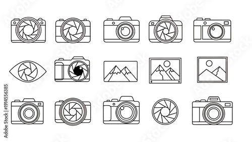 Collection of Camera Icon Set with Various Styles and Grayscale Illustrations.