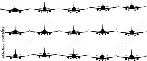 Airplane Silhouettes Collection Showing Front View Commercial Passenger Aircraft Landing and Takeoff Isolated on White Background Aviation Vector Illustration Set