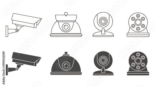 Collection of Surveillance Cameras: Dome, Bullet, and Pan-Tilt Styles in Various Angles.