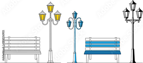 Collection of minimalist urban park benches and vintage street lamps in line art style for city landscape architecture design.