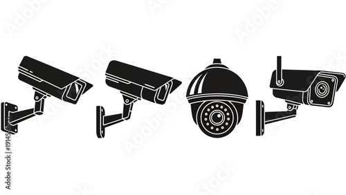 Multiple security cameras and dome surveillance devices monitor an outdoor area for safety and perimeter protection.