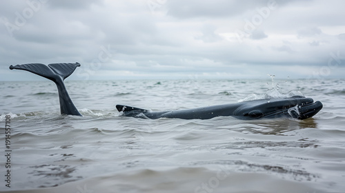 motherliness. Beached whale with tail fin splashing in shallow water under overcast sky. wildlife magazines, conservation campaigns, designed for eco-tourism storytelling.