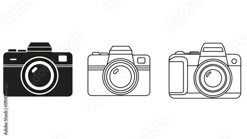 Set of three camera icons in black, white, and outline styles for design projects.