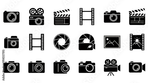 Collection of black and white cinema icons featuring cameras, film reels, clapperboards, and related filmmaking symbols.