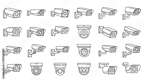 Multiple Security Camera Icons in a Grid Form, Graphic Resources Illustration.