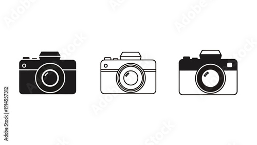 Three Camera Icons in Row: Black, White, and Outline Illustration for Design Projects.