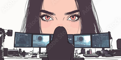 A woman sits at a desk with multiple computer screens showing data. She focuses on her work in a tech environment.