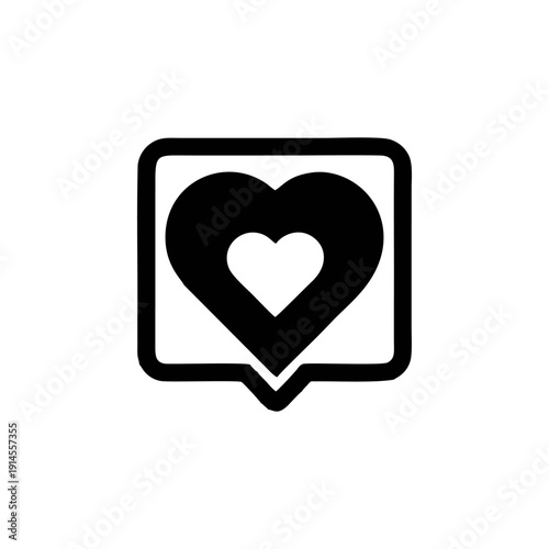 Black icon of a heart within a speech bubble on a white background with a minimalist design.