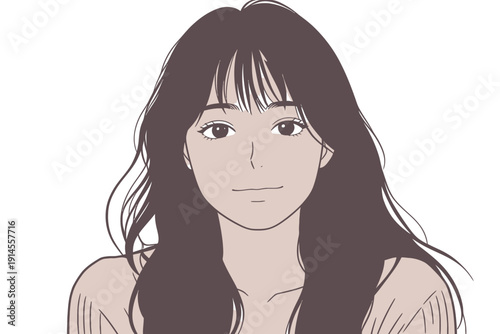 A woman with long hair smiles directly at the viewer. Her expression shows happiness and friendliness in a simple style.