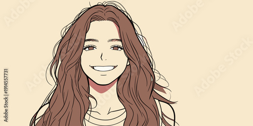 A young woman with long hair smiles at the viewer in a digital drawing. Her hair flows freely around her face and shoulders.