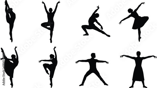 Collection of elegant ballet dancer silhouettes performing classical and contemporary poses isolated on white background for dance education, choreography, fitness, and artistic design projects