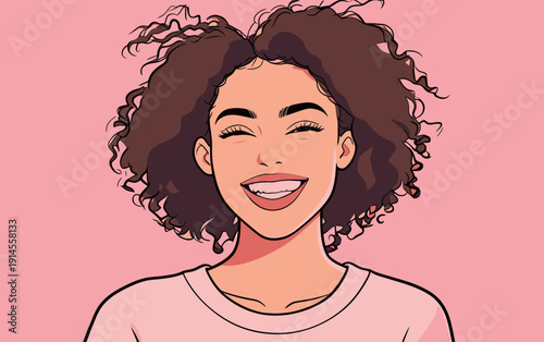 A young woman with curly hair smiles widely as she looks straight at the camera. The background is pink and bright.