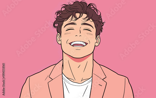 A young man with curly hair smiles widely against a simple pink backdrop. He wears a light jacket and expresses joy.