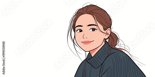 A young woman is smiling while sitting comfortably at home. She wears a casual sweater and has loose hair.