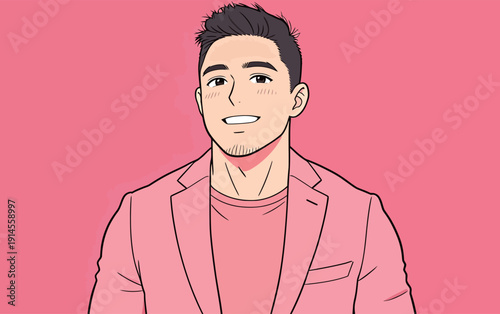 A young man stands by a pink wall wearing a pink suit and smiling. He looks relaxed and friendly at this casual gathering.