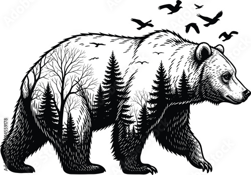 Black and white artistic vector illustration of bear silhouette with double exposure forest landscape, creative wildlife and nature design artwork