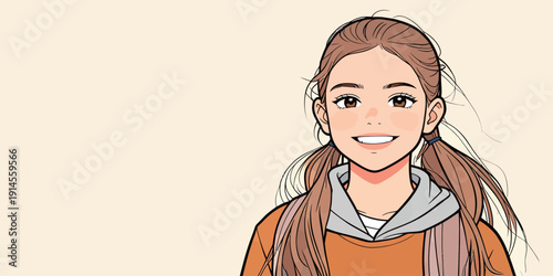 A young person stands with a smile. They have long hair tied in ponytails and wear an orange shirt with a gray hoodie.