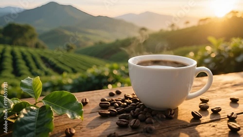Organic Arabica coffee cup roasted beans sunrise tea plantation mountain highlands morning refreshment caffeine aesthetic