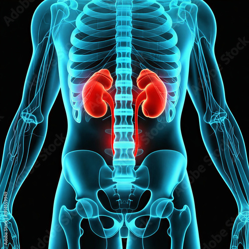 Vibrant three-dimensional digital rendering showcasing the healthy human renal system within a translucent anatomical outline, emphasizing kidney function and medical health insight
