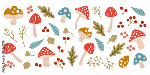 Colorful illustration of various mushrooms leaves and berries on a white background