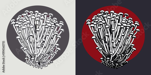 Two depictions of enoki mushrooms against contrasting backgrounds