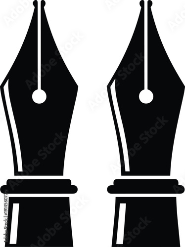 Minimalist fountain pen nib icon set in black and white, creative writing symbol, calligraphy tool, education, journalism, publishing, and classic stationery design concept