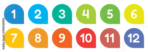 colorful twelve bullet points, from 1 to 12 solid speech balloon markers, vector infographics elements